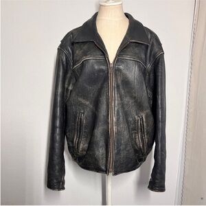 Andrew Marc Distressed Black Leather Bomber Jacket